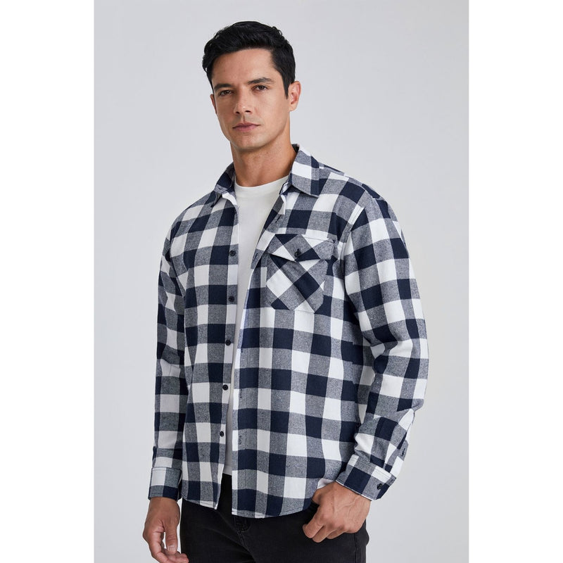 Plaid Men's Flannel Shirt With Pockets - 4N-NAVY BLUE-03