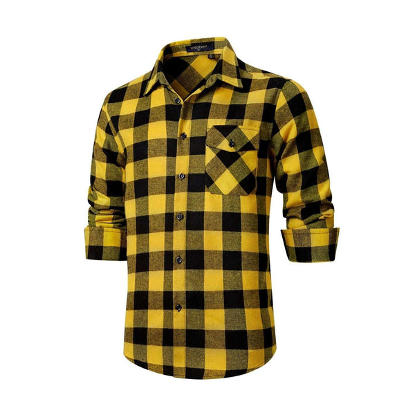 Plaid Men's Flannel Shirt With Pockets - Z-YELLOW SHIRT