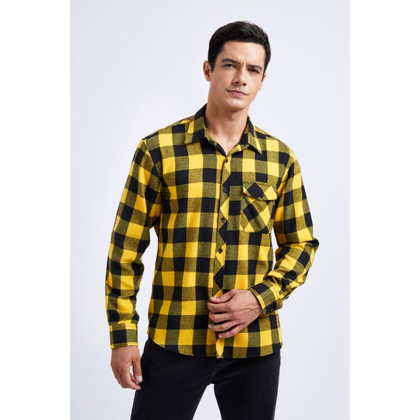 Plaid Men's Flannel Shirt With Pockets - Z-YELLOW SHIRT