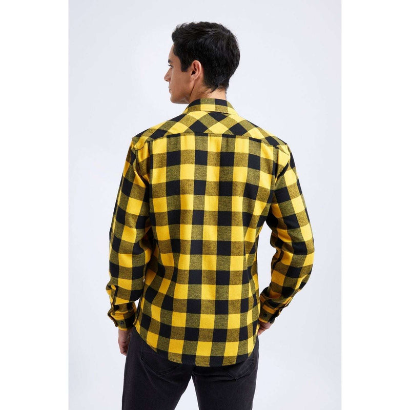 Plaid Men's Flannel Shirt With Pockets - Z-YELLOW SHIRT