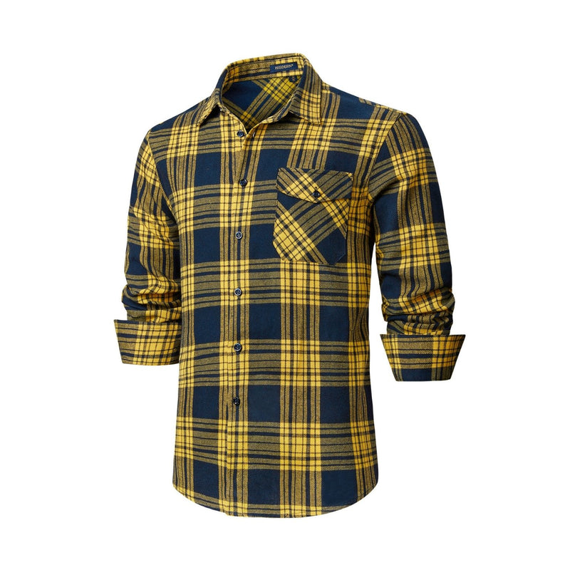 Plaid Men's Flannel Shirt With Pockets - NAVY BLUE/YELLOW