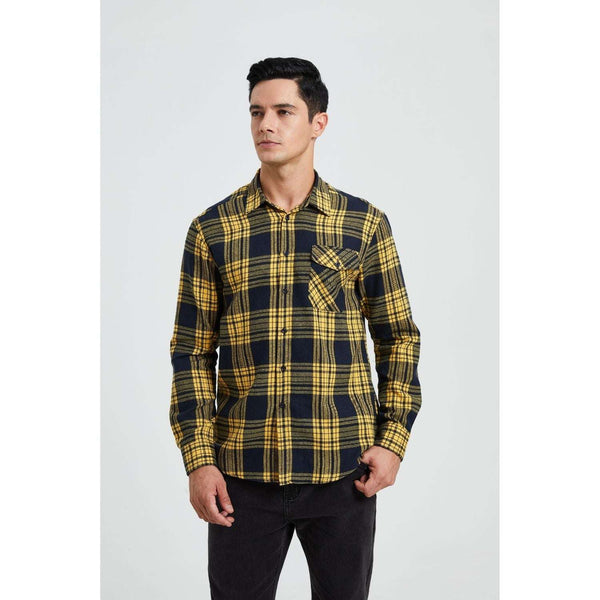 Plaid Men's Flannel Shirt With Pockets - NAVY BLUE/YELLOW