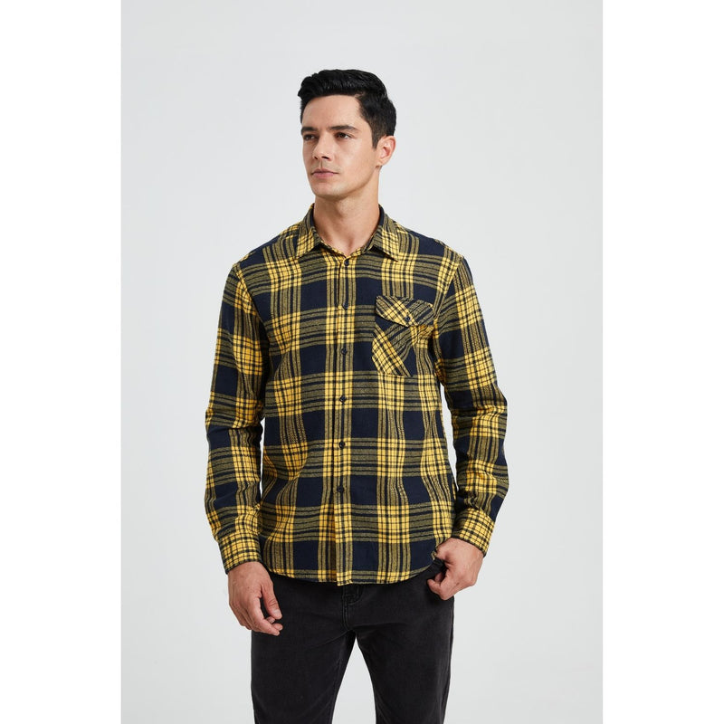 Plaid Men's Flannel Shirt With Pockets - NAVY BLUE/YELLOW