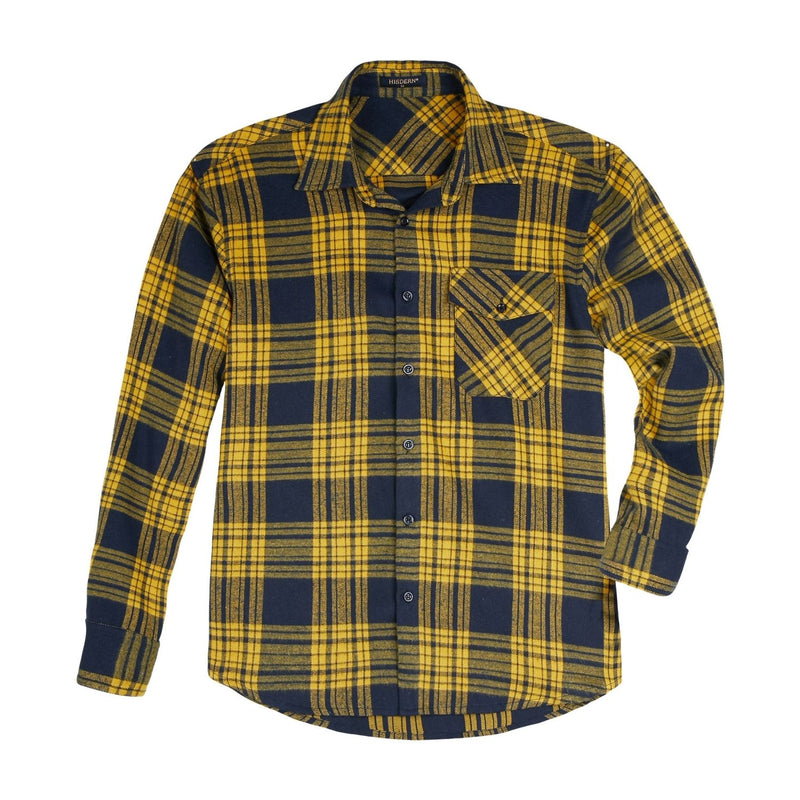 Plaid Men's Flannel Shirt With Pockets - NAVY BLUE/YELLOW