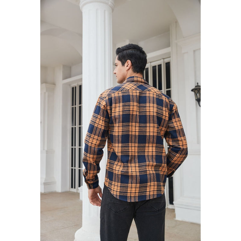 Plaid Men's Flannel Shirt With Pockets - 2B-NAVY /CARAMEL