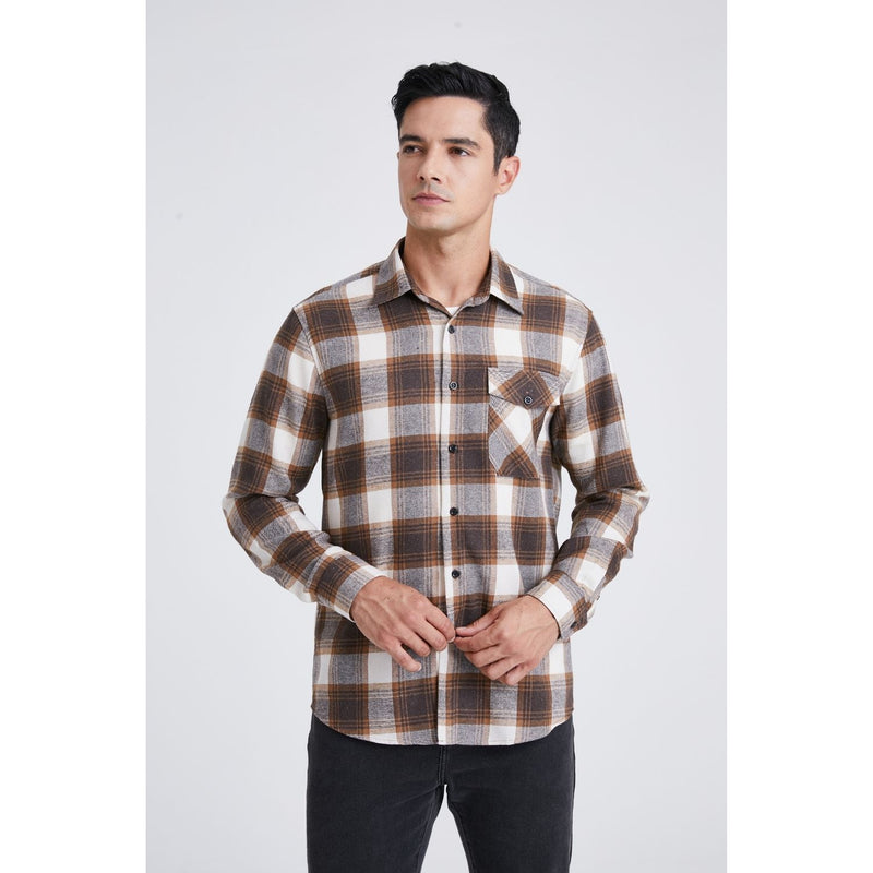 Plaid Men's Flannel Shirt With Pockets - 5B-BROWN