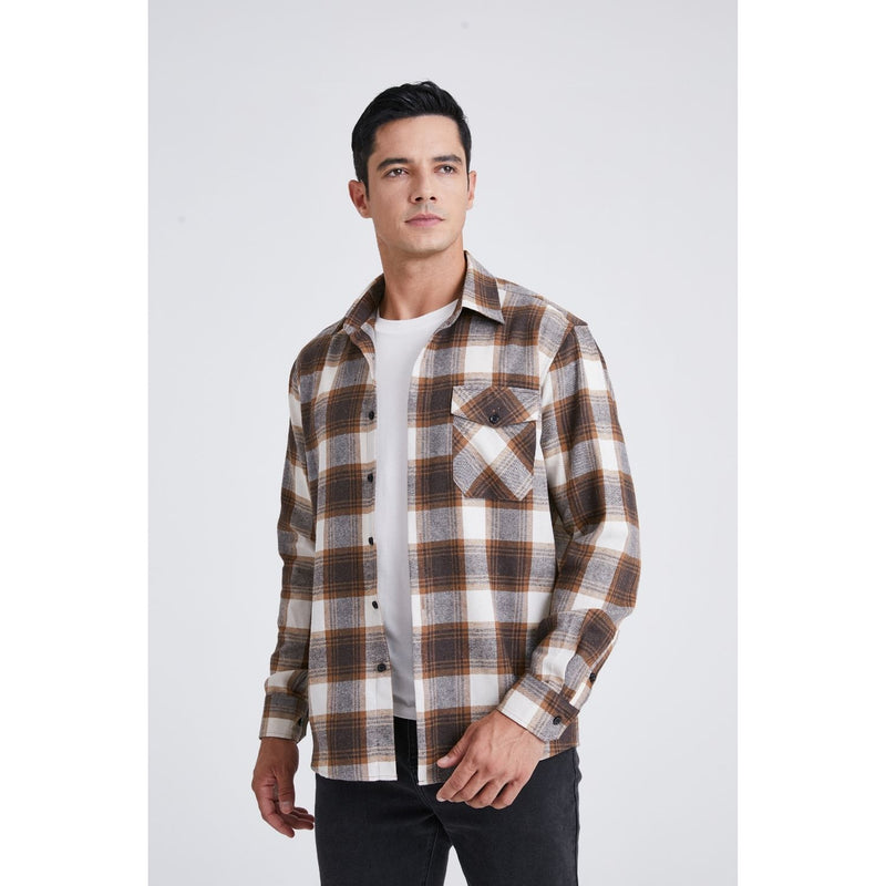 Plaid Men's Flannel Shirt With Pockets - 5B-BROWN