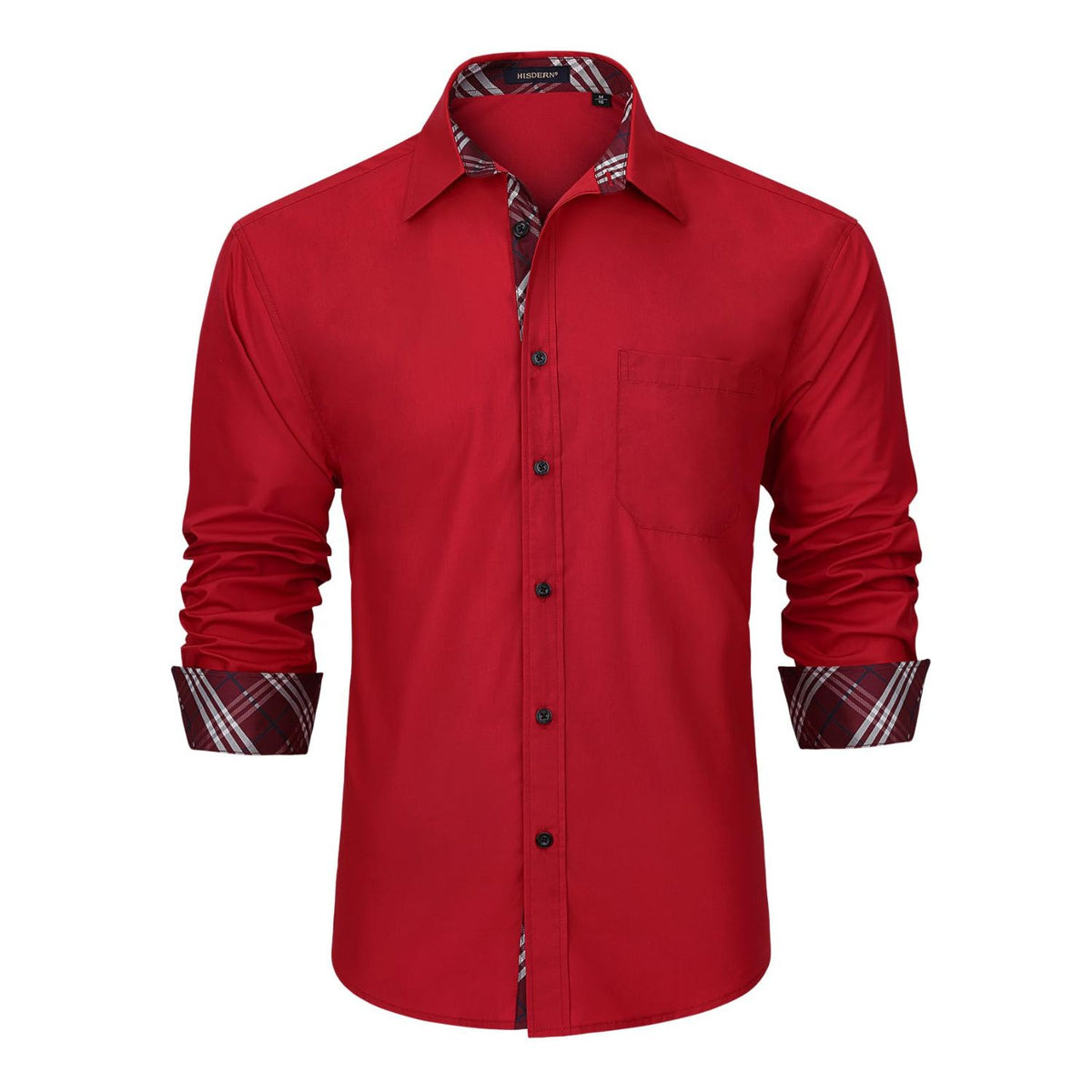 Hisdern Men's Red Plaid Splicing Dress Shirt for Office Wear S