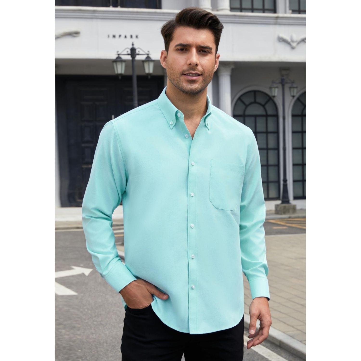 Hisdern Men's Lake Blue Oxford Shirts with Chest Pocket Weekend Wear