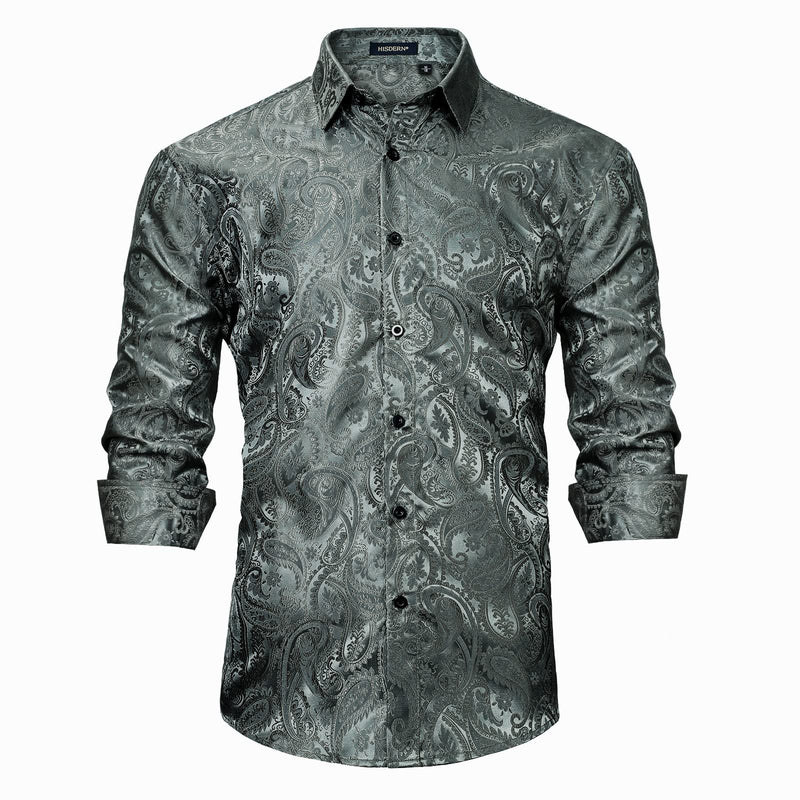 Men's Long Sleeve Shiny Shirt With Printing - GRAY