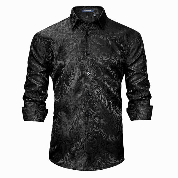 Floral Satin Dress Shirt - BLACK-2