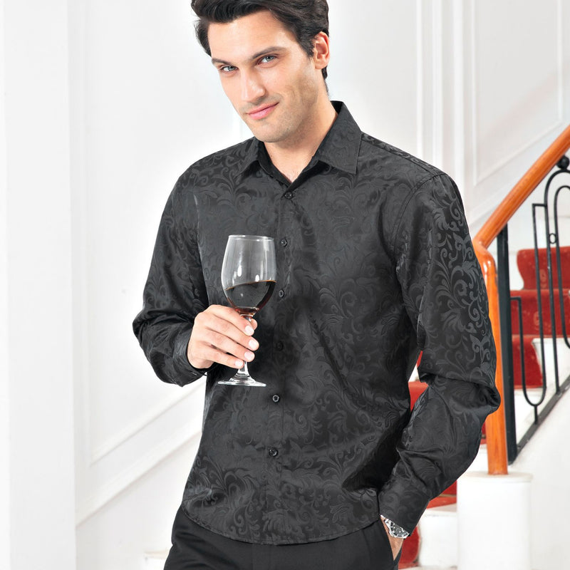 Floral Satin Dress Shirt - BLACK-2