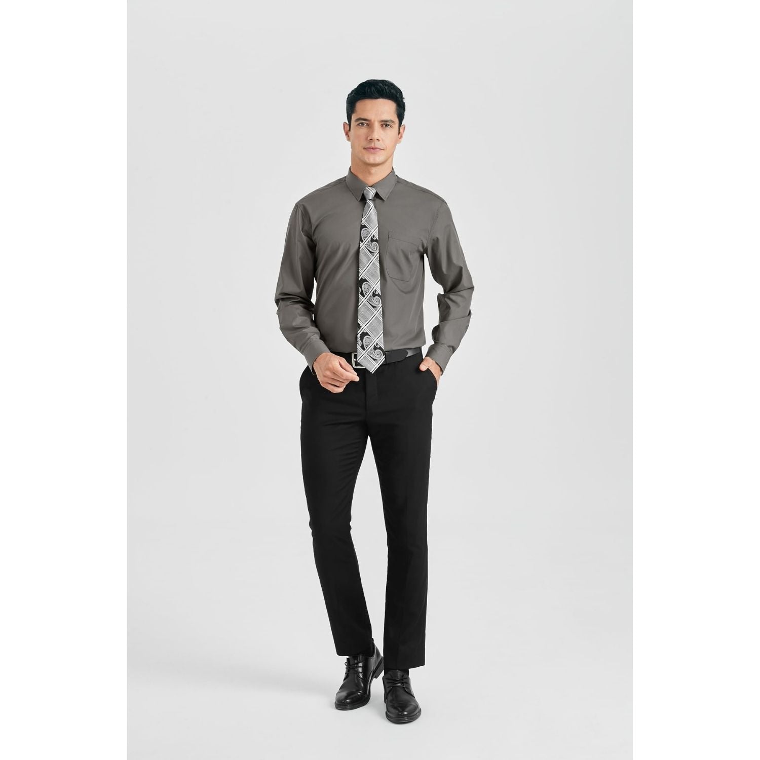 Hisdern Stain-proof Grey Shirt and Checked Tie