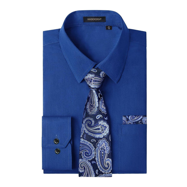 Men's Shirt with Tie Handkerchief Set - ROYAL BLUE/BLUE TIE