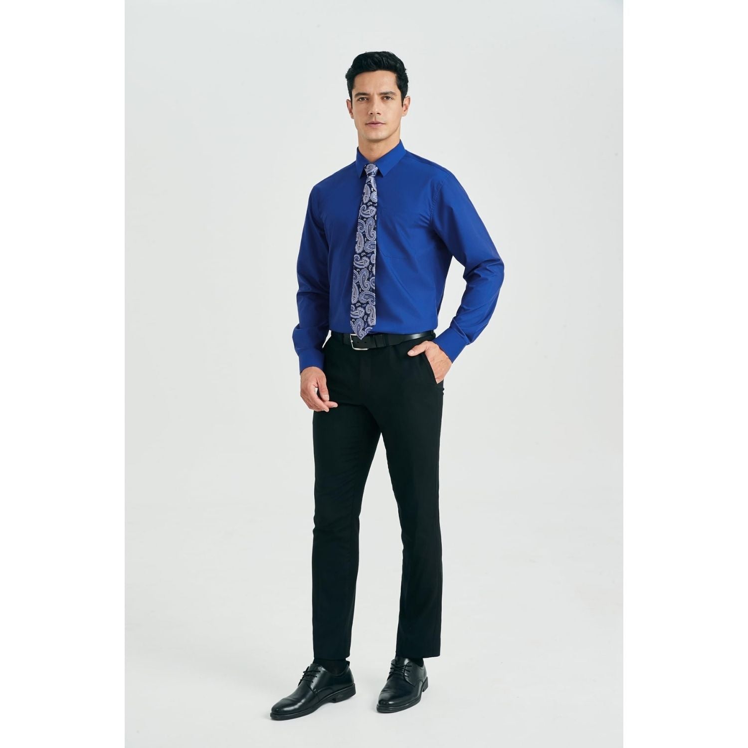 black shirt with royal blue tie
