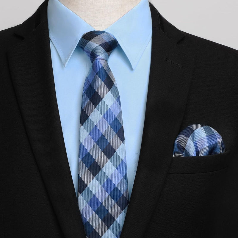 Men's Shirt with Tie Handkerchief Set - BLUE/STRIEPD