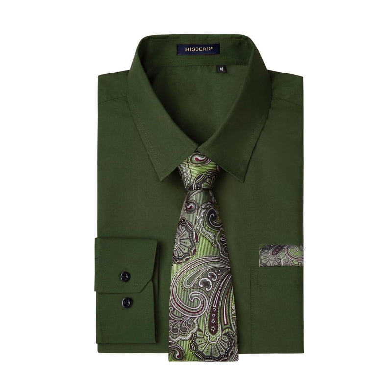 Men's Shirt with Tie Handkerchief Set - GREEN ARMY