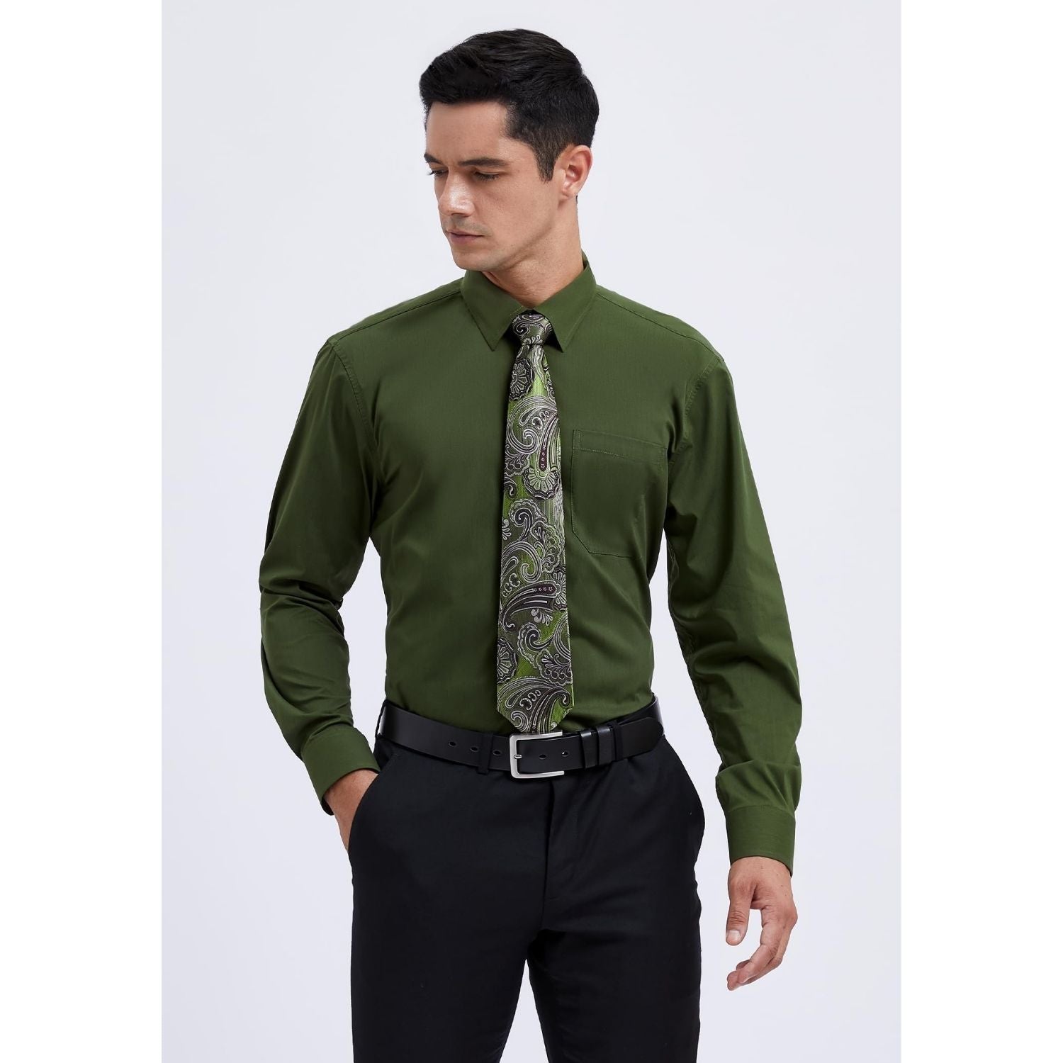 Hisdern Wrinkle-resistant Green Army Dress Shirt and Paisley Tie