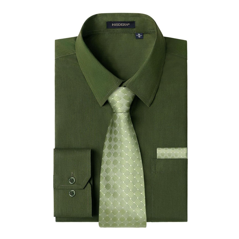 Men's Shirt with Tie Handkerchief Set - EMERALD GREEN/SAGE TIE