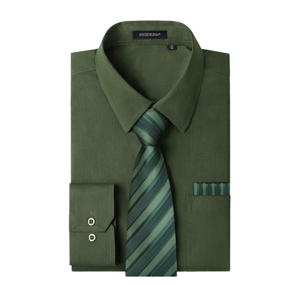 Men's Shirt with Tie Handkerchief Set - GREEN/STRIPED