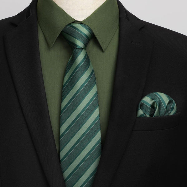 Men's Shirt with Tie Handkerchief Set - GREEN/STRIPED