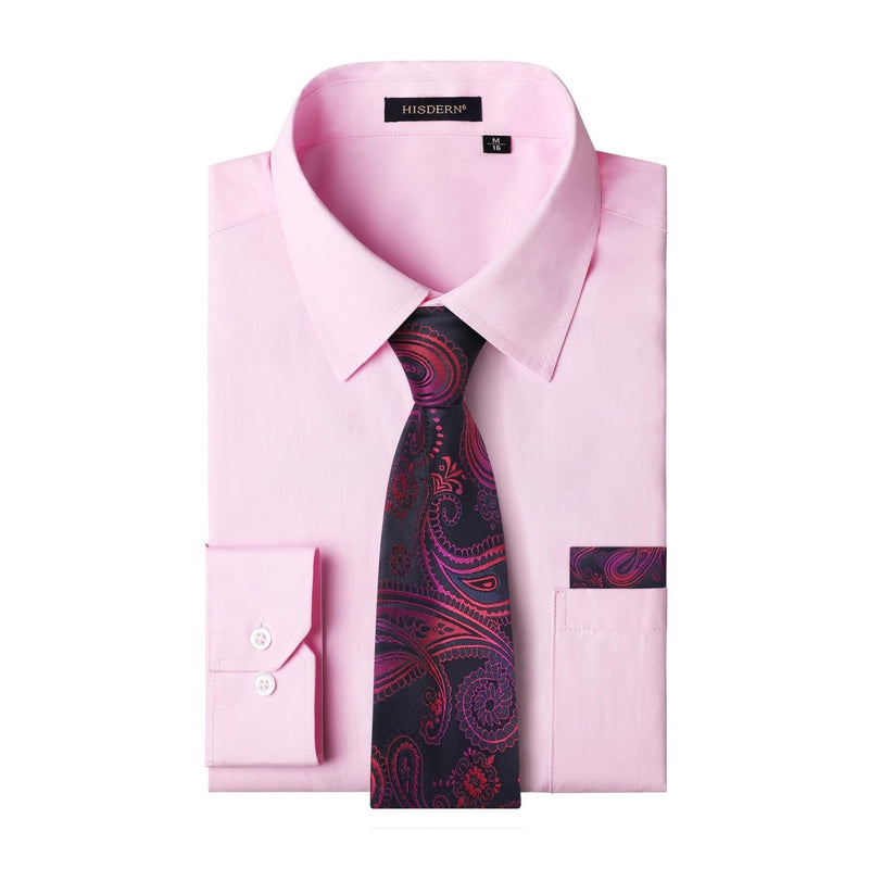 Men's Shirt with Tie Handkerchief Set - PINK/PAISLEY