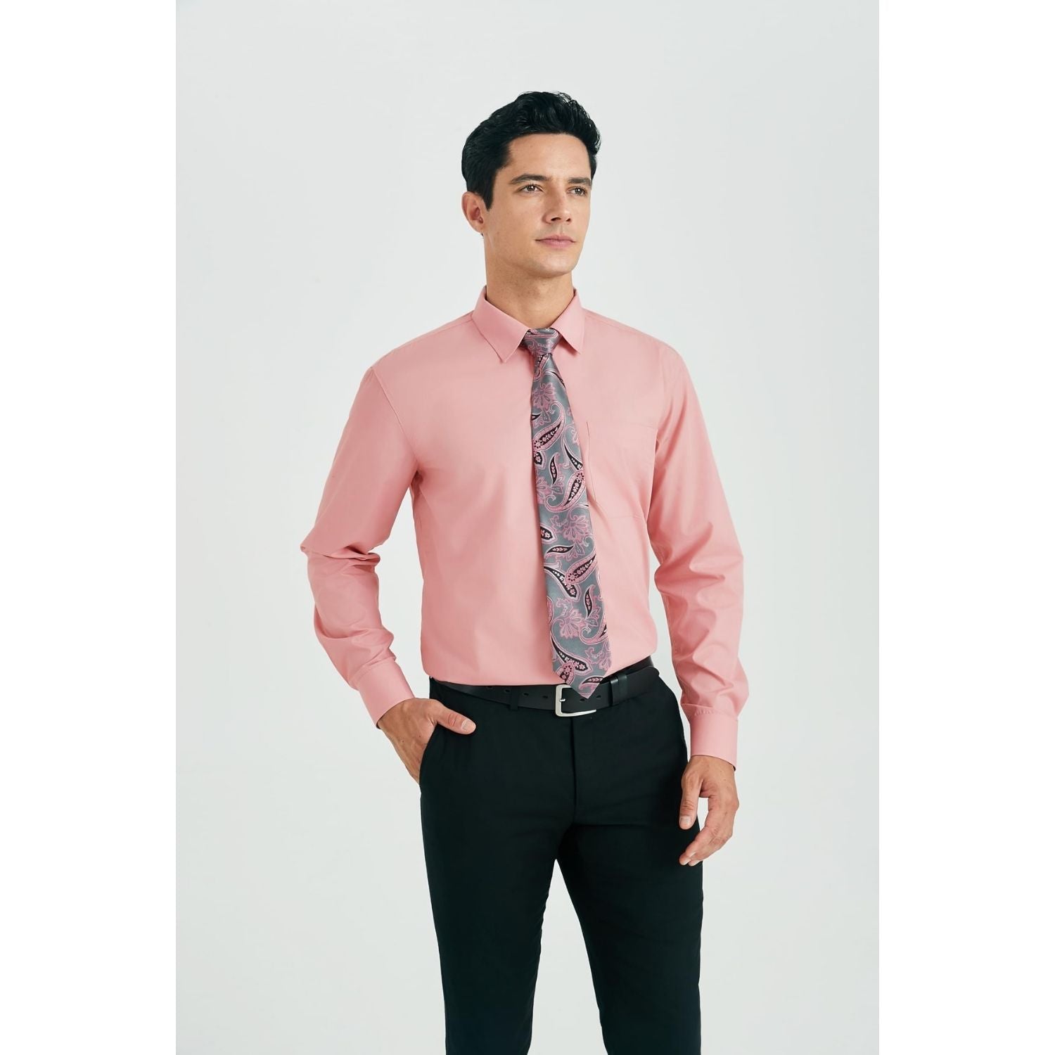 Hisdern Wrinkle-resistant Pink Dress Shirt and Paisley Tie