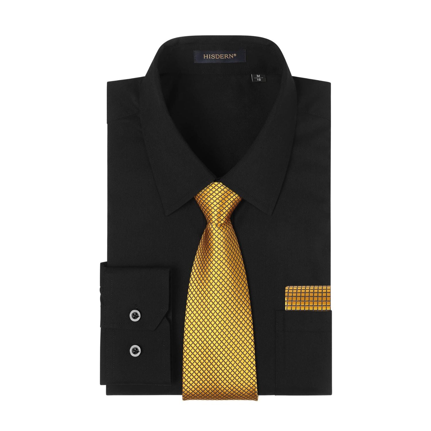 black dress shirt with gold tie