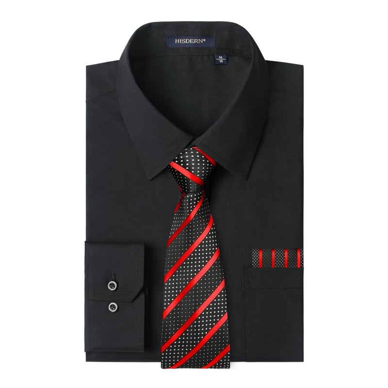 Men's Shirt with Tie Handkerchief Set - BLACK/RED