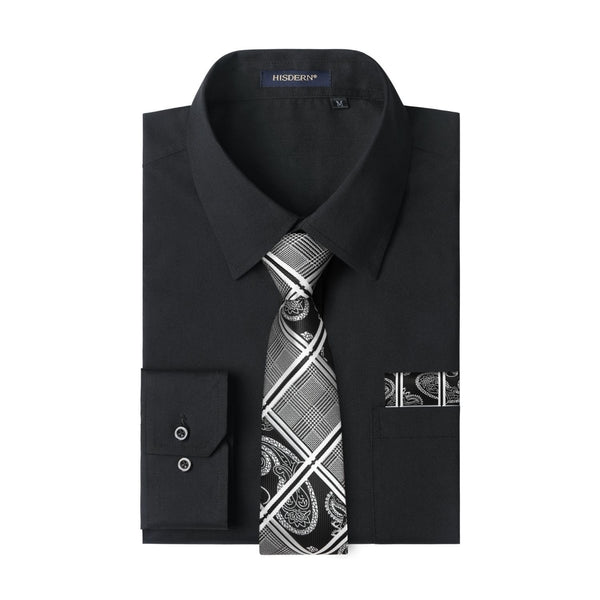 Men's Shirt with Tie Handkerchief Set - 01-BLACK