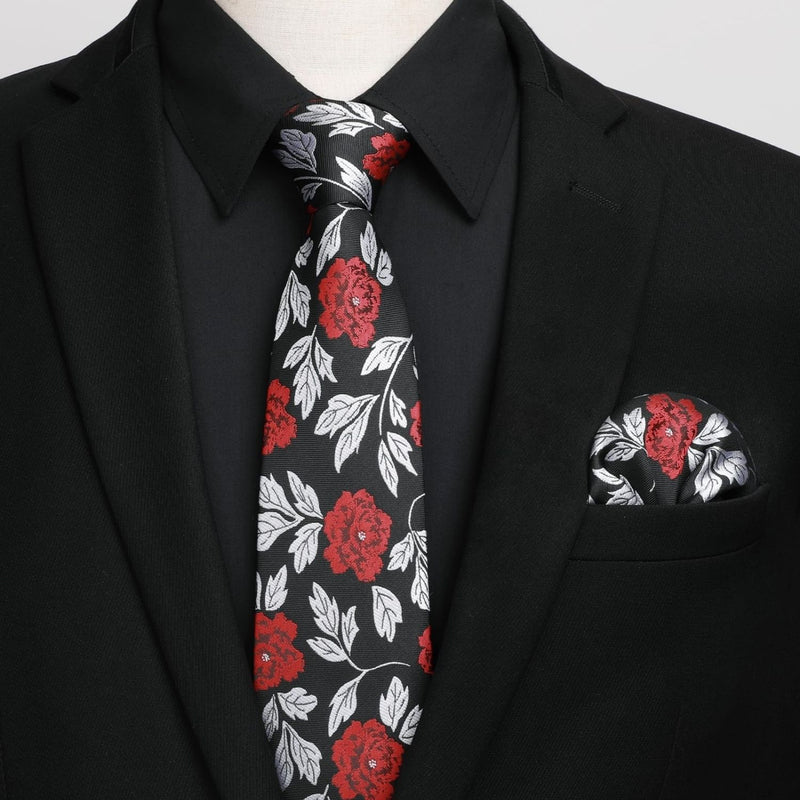 Men's Shirt with Tie Handkerchief Set - BLACK/FLORAL