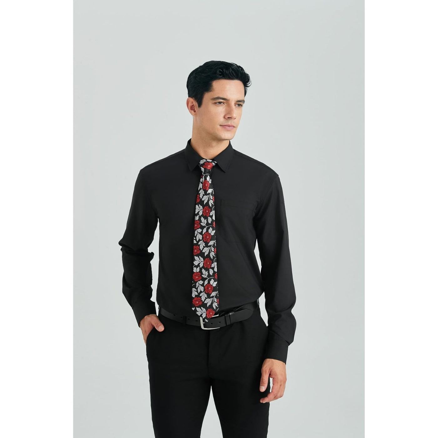 Hisdern Non-iron Black Floral Dress Shirt and Floral Tie