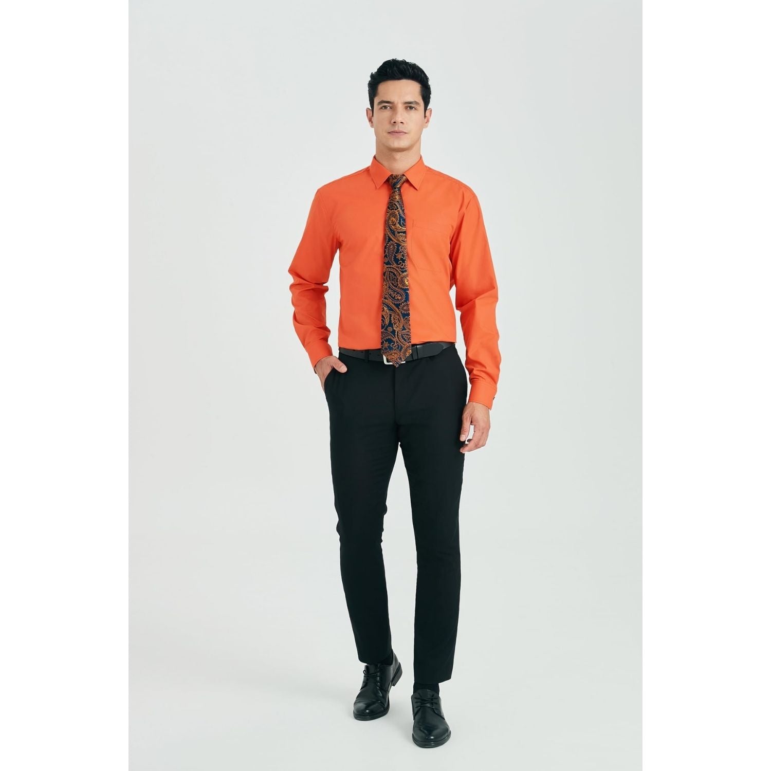 black shirt with orange tie