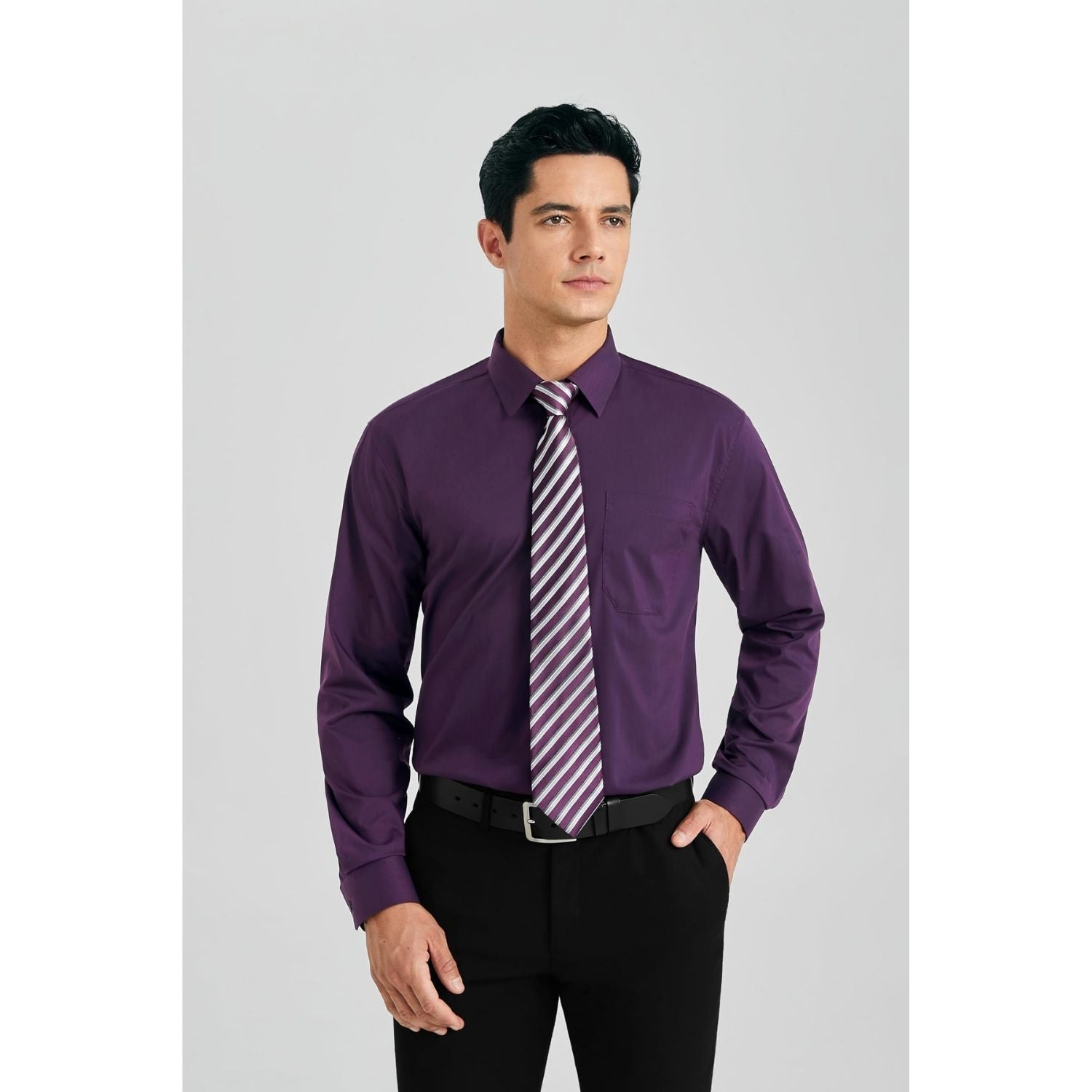 Hisdern Non-iron Purple Dress Shirt and Striped Tie