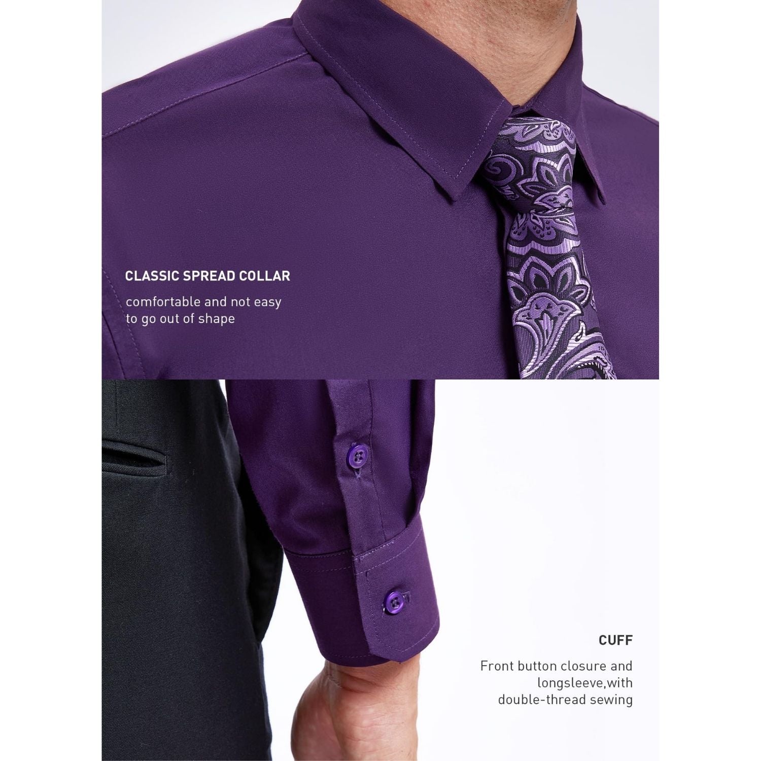 Hisdern Wrinkle-resistant Purple Dress Shirt and Paisley Tie