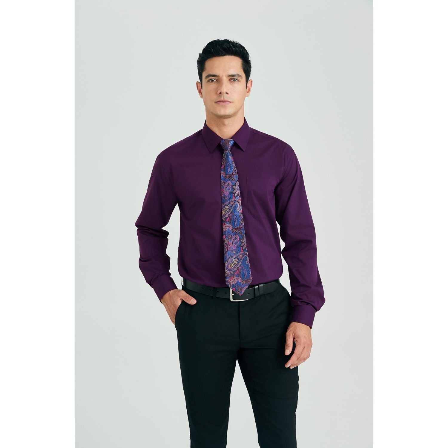 blue tie with purple shirt