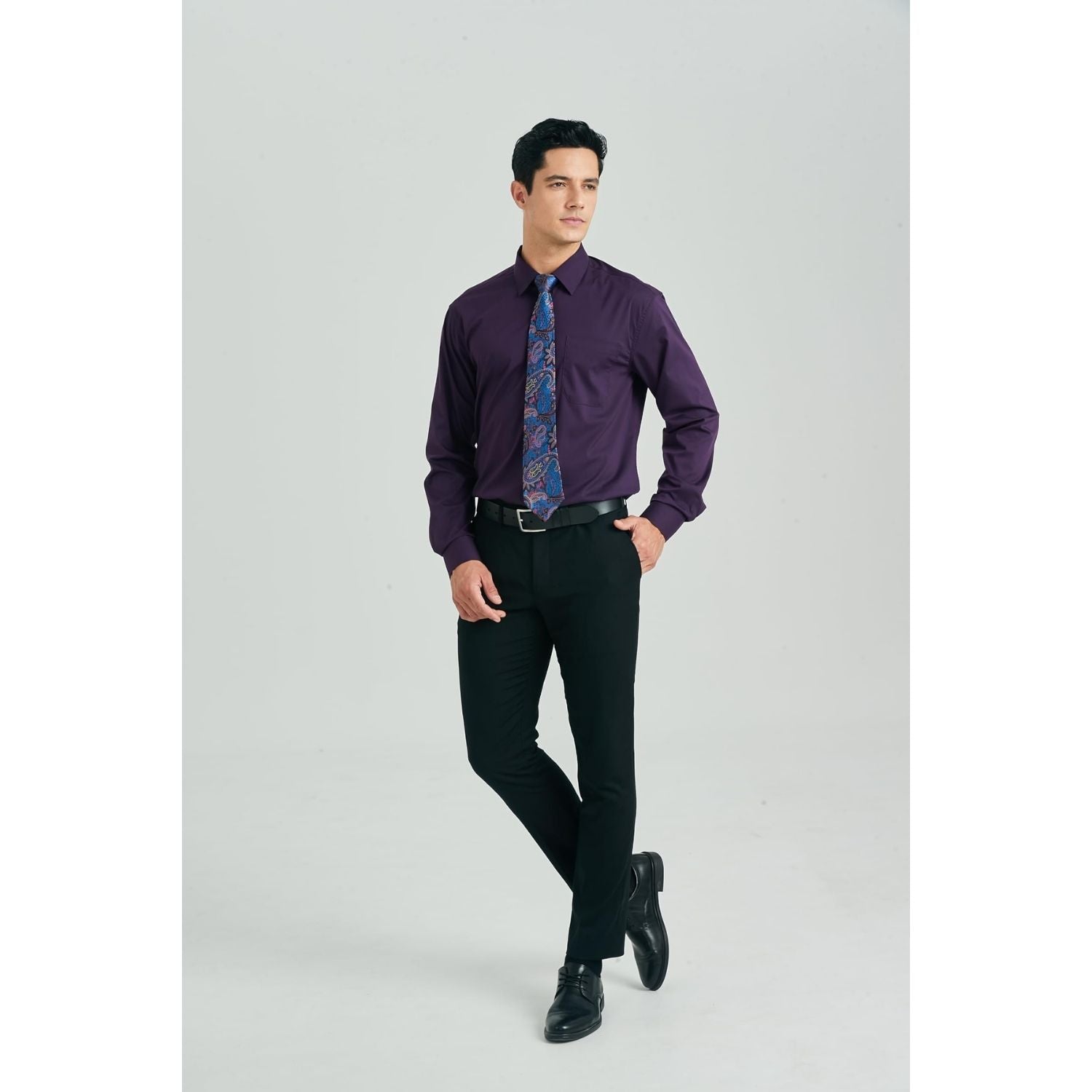 Hisdern Wrinkle-resistant Purple Dress Shirt and Paisley Tie