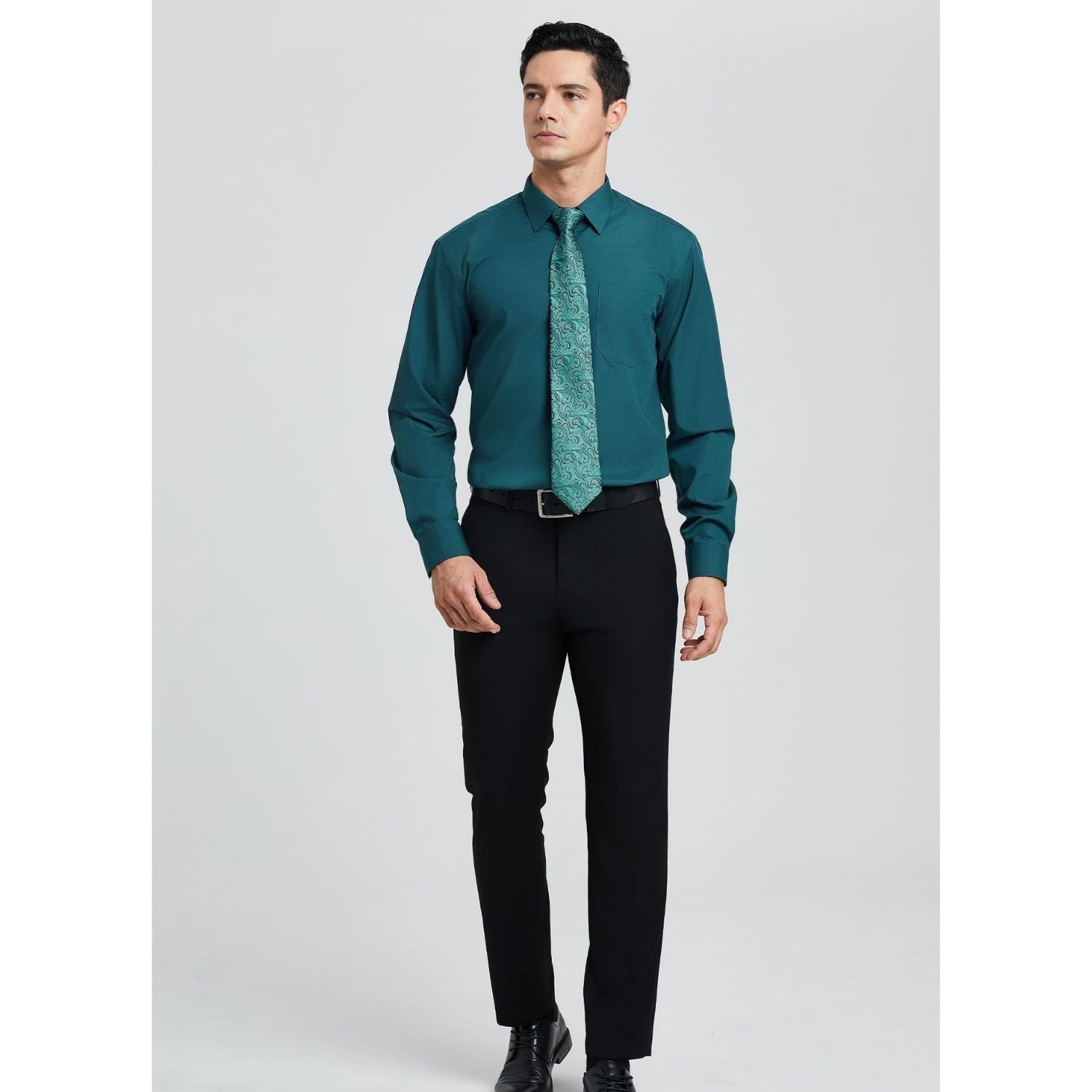 Hisdern Wrinkle-resistant Teal Dress Shirt and Paisley Tie