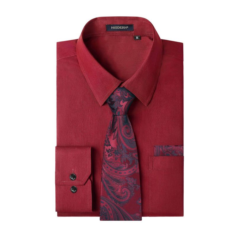 Men's Shirt with Tie Handkerchief Set - RED/PAISLEY