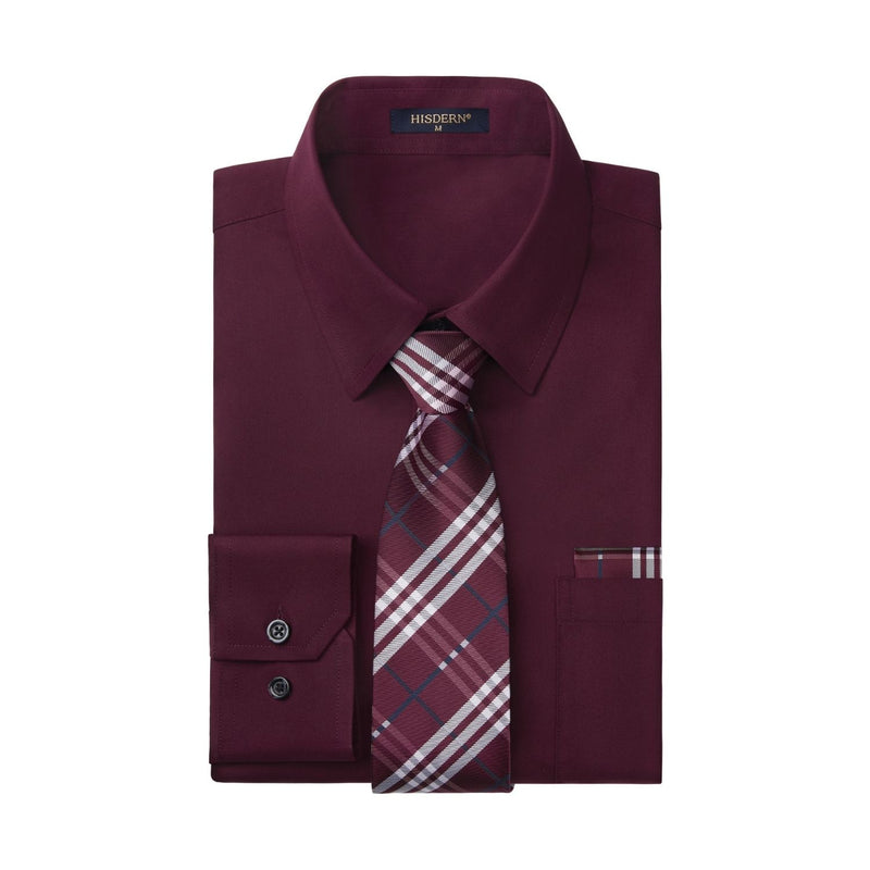 Men's Shirt with Tie Handkerchief Set - 06-DARK RED/MAROON