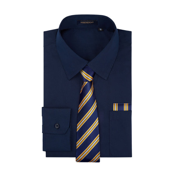 Hisdern Navy Blue Men's Shirt with Tie Handkerchief Set For Business Wedding