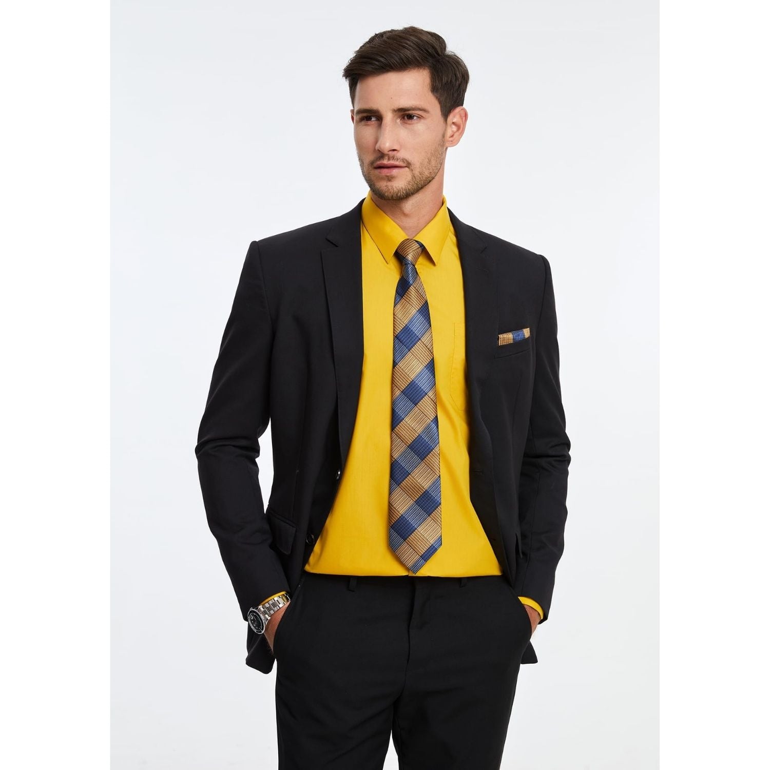 Hisdern Wrinkle-resistant Yellow Dress Shirt and Matching Checked Tie