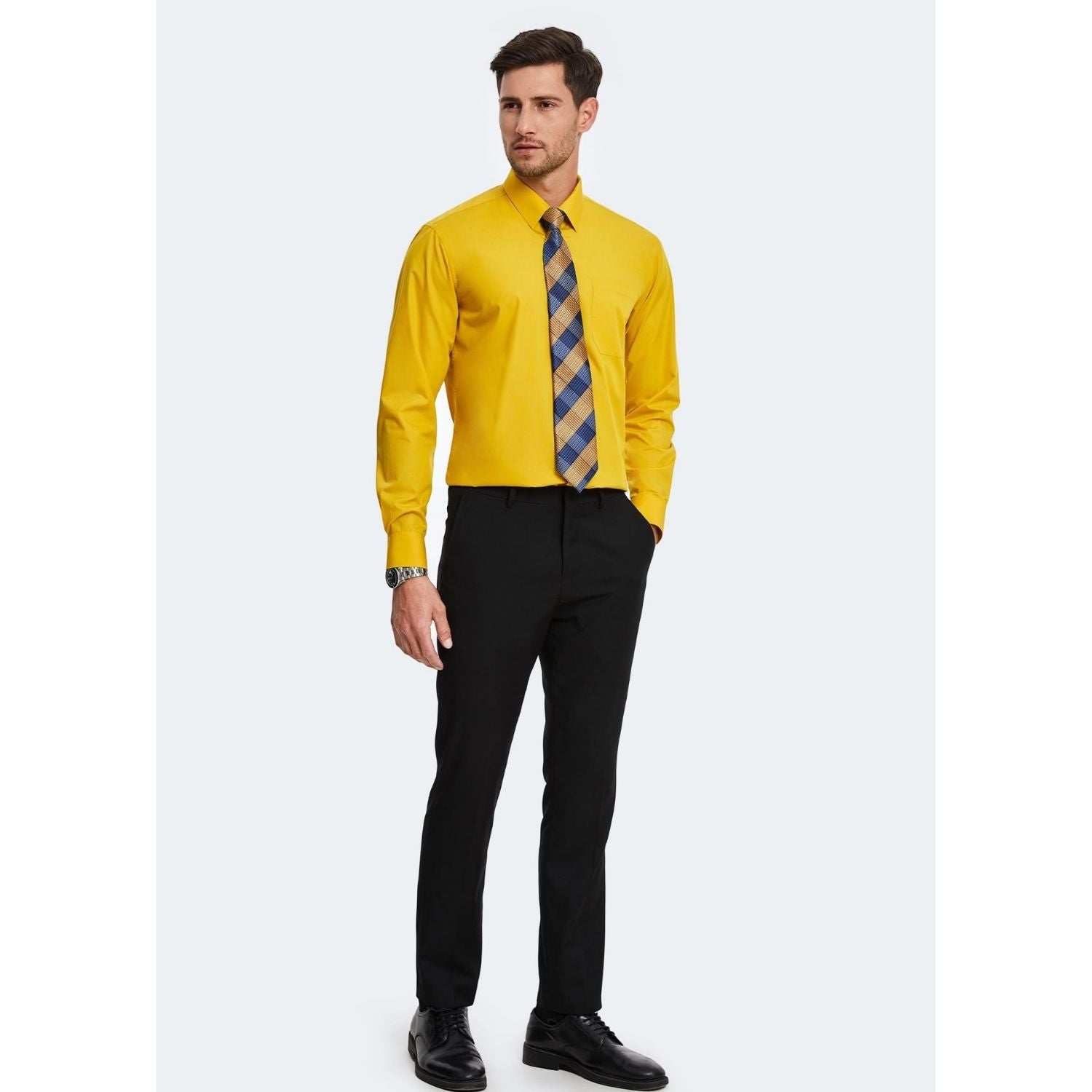 Hisdern Wrinkle-resistant Yellow Dress Shirt and Matching Checked Tie