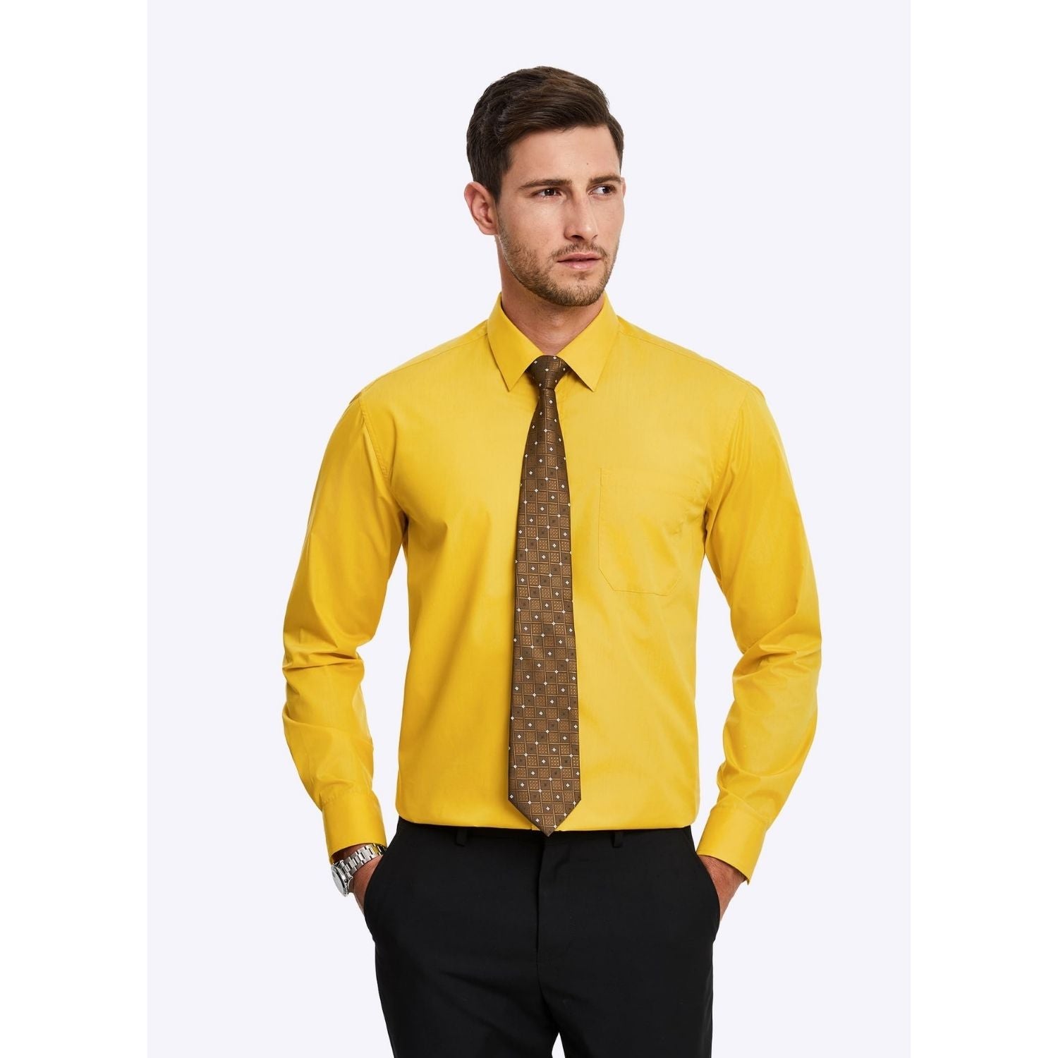 Hisdern Wrinkle-resistant Yellow Dress Shirt and Matching Checked Tie