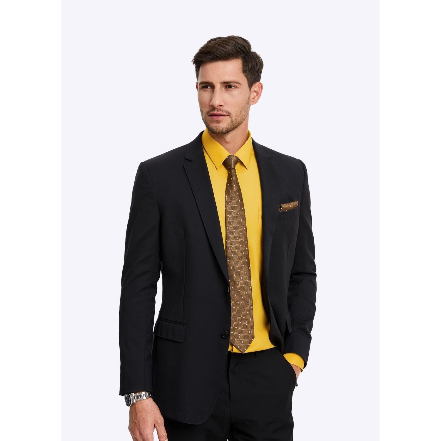 Hisdern Wrinkle-resistant Yellow Dress Shirt and Matching Checked Tie