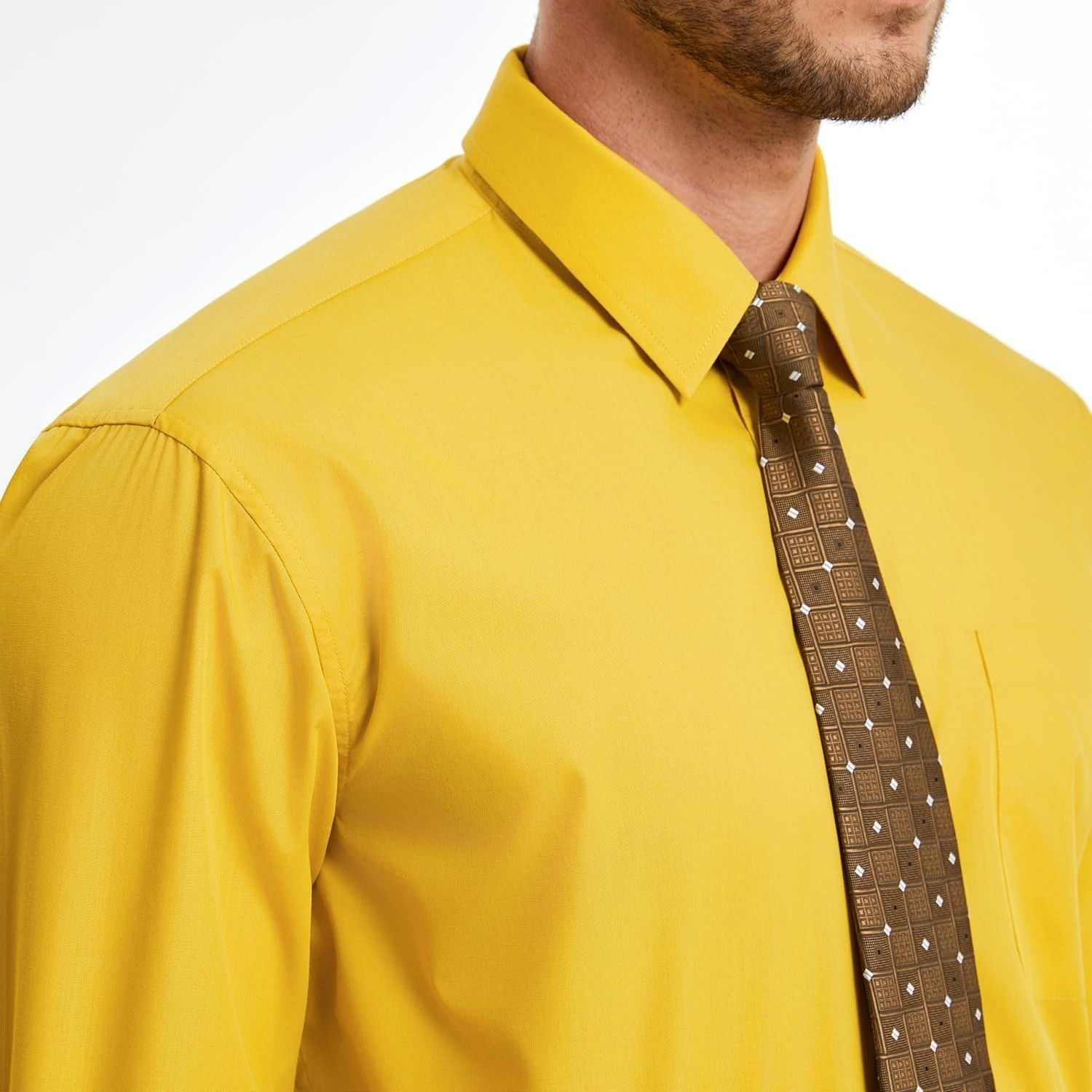 Hisdern Wrinkle-resistant Yellow Dress Shirt and Matching Checked Tie