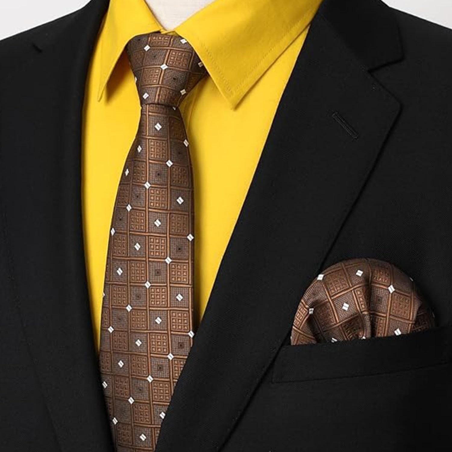 Hisdern Wrinkle-resistant Yellow Dress Shirt and Matching Checked Tie