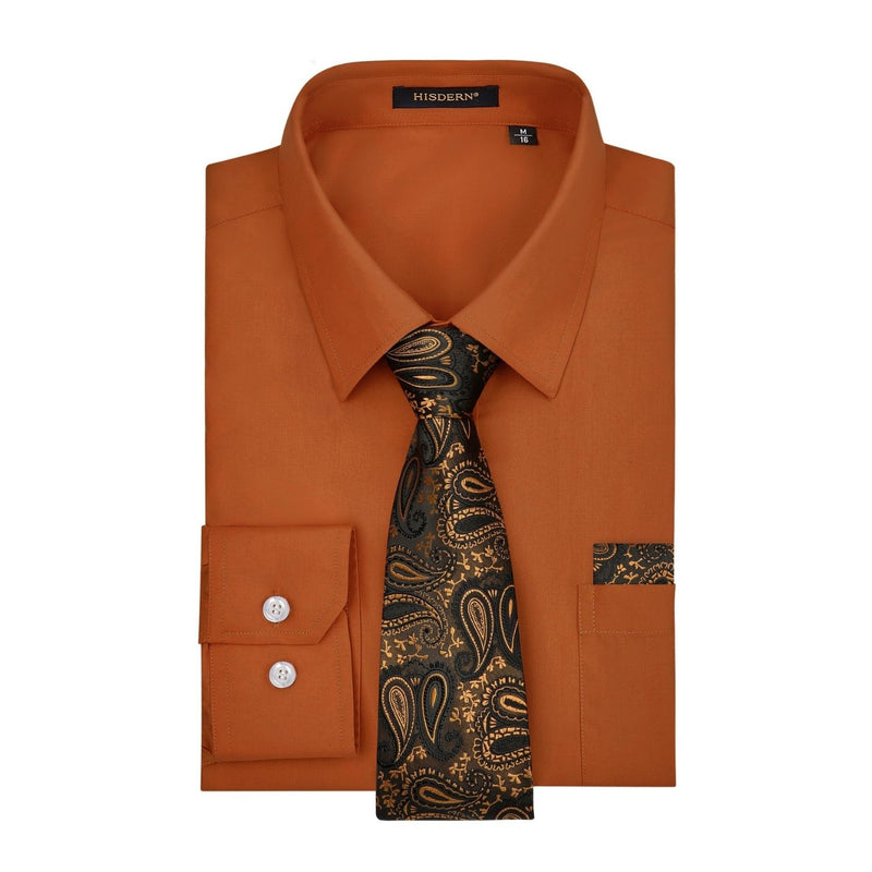 Men's Shirt with Tie Handkerchief Set - BROWN/BLACK TIE