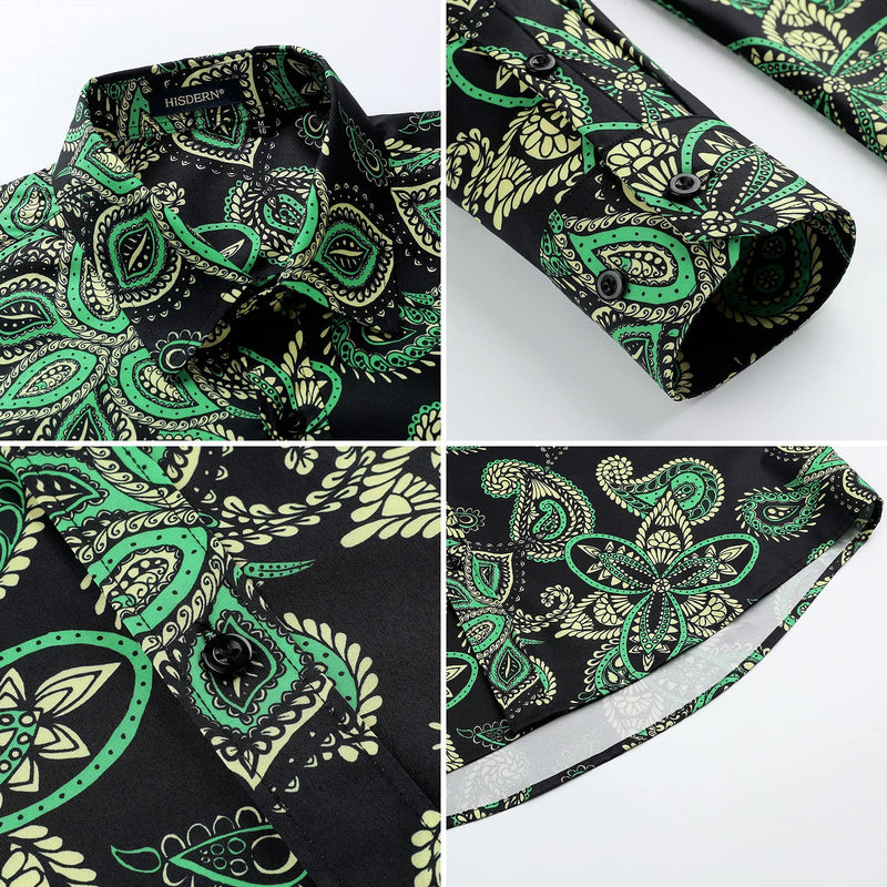 Men's Long Sleeve Shiny Shirt With Printing - BLACK/GREEN