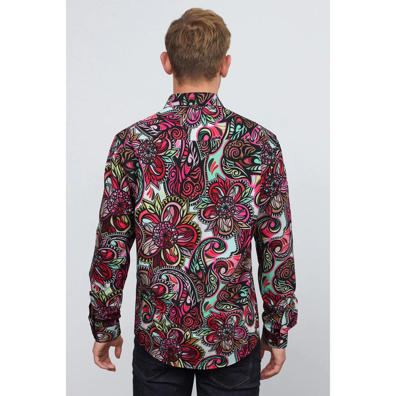 Men's Long Sleeve Shiny Shirt With Printing - RED